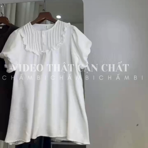 [KO KÈM QUẦN]Áo váy sơ mi nữ A.840 Áo váy sơ mi cổ tròn xếp ly phối cúc tay ngắn bồng dáng xuông - SHOP CHẤM BI