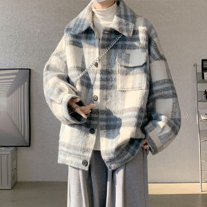 Baroque Style Mens Short Coat Black White Plaid Cashmere Jacket Spring Autumn Casual Fashion High Quality Windbreaker