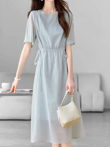 GIFISHLOW Hong Kong Luxury Summer New Dress High Waist Belted Korean Style Slimming Skirt Pocket A-Line Midi Dress Cotton Nylon