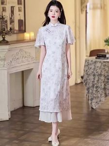 Elegant Slim Fitting Chinese Modified Cheongsam Purple Lotus Sleeve