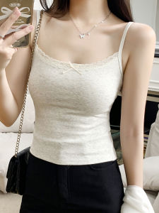 Sweet Style White Lace Butterfly Knot Splice Elastic Short Womens Vest Summer 2025 Gentle Breeze Fashion Trend Bodycon Fit