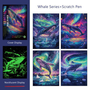 4 Pcs/Set A4 DIY Scratch Painting Luminous Animal Butterfly Whale Landscape Night View Scratch Painting Artistic Works
