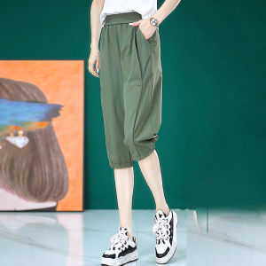 2024 ฤดูร้อนใหม่ผู้หญิงผ้าไหมน้ําแข็ง Capri กางเกงเอวสูงกระชับสัดส่วน Casual กางเกงกีฬาพร้อมกระเป๋าสําหรับ 30-34 วันเกิด party