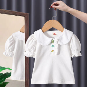 สาวเสื้อโปโลผ้าฝ้ายรอบคอพัฟแขนเสื้อแฟชั่นเด็กเสื้อยืดเด็กเสื้อผ้าฤดูร้อน