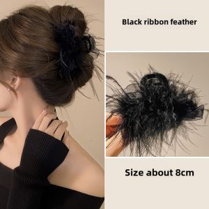 Non-Falling-Feather Hair Claw Womens New 2025 Ostrich Feather Hair Clip Back of Head Shark Clamp Stylish Hair Accessories