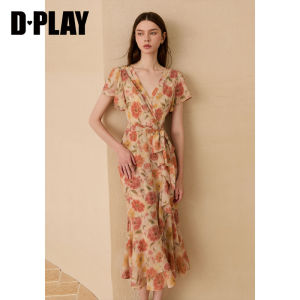 D-PLAY | Tea Time French Style V-Neck Waist-Cinching Ruffled Hem Slim Fit Summer Dress