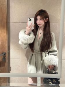 Plus Size Plus Size Ladies Fancy Lapel Imitation Fox Fur Lace-up Woolen Coat Womens Fall and Winter Elegant Socialite Woolen Coat