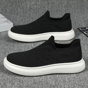 Black Knitted Sports Shoes Breathable Summer Casual Slip-On Thick Bottom Work Mens Shoes Comfortable Mesh Upper Footwear