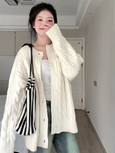 เสื้อคาร์ดิแกนถักแบบหลวมๆ สำหรับผู้หญิง ฤดูใบไม้ผลิและฤดูใบไม้ร่วง สไตล์เกาหลี นุ่มๆ ลำลองๆ ย้อนยุค ฤดูหนาว เสื้อคลุมคาร์ดิแกนถักหนา