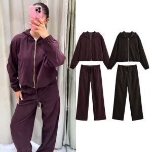 Tidalyf 2025 Women Bomber Jacket Hoodie Two Piece Set Long Sleeve Elastic Hem Cuff Drawstring Pants Casual Autumn&Winter Outfit