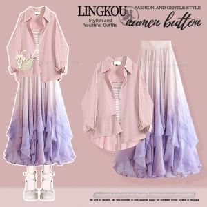 NUMEN BUTTON | Elegant Summer Dress Set with Striped Blouse and Dye Gradient Skirt