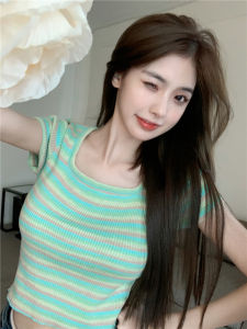 Áo Len Dệt Kim Sọc Cổ Vuông Tay Ngắn Dáng Ôm WeMe Phong Cách Hàn Quốc Thời Trang Thường Ngày Đa Năng Cho Nữ Mùa Hè 2022