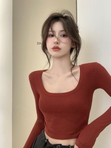 Slim Fit Short Sleeve U-Neck Cotton Ribbed Base Shirt Womens Fashion Korean Style Long Sleeve T-Shirt Red Color Autumn Winter New Arrival