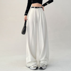 White Extended Length High Waist Suit Pants for Taller Women Casual Loose Drapey Wide Leg Floor Length Trousers