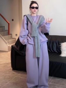 Heavyweight Hooded Shoulder Wrap Double Stitched round Neck Space Cotton Purple Sweatshirt Set Simple Fashion for Women