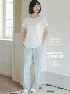 Cool Feeling Modal Cotton round Neck Pullover Home Clothes Womens Sleepwear Bear Love Home Lazy Style Long Pants Short Sleeve