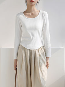 Womens Long Sleeve T-Shirt Low Neck Base Shirt Nine Sleeve Ladies Tops Casual Style Inner Wear Pure Color Black White Shirt