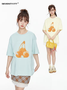 Loose Casual Womens Short Sleeve T-shirt Summer New Style Korean Version Big Cherry Print Cotton Top for Couples