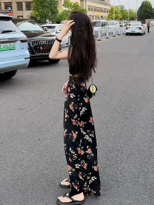 Floral Wide Leg Pants Womens High Waist Drapey Loose Straight Casual Trousers Summer 2024 New Style Versatile Slimming