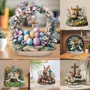 Easter Cross & Eggs Bunny Statue2D Flat Acrylic Figurine Home Office Studio Room Display Case Table Ornament Desktop Decor Kit