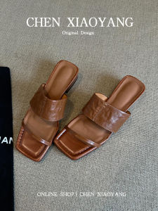 รองเท้าแตะส้นสูงหนังแท้สไตล์โรมันแบบสวมครึ่งนิ้วสำหรับผู้หญิง รองเท้าแตะแบบสวมครึ่งนิ้วทรงเหลี่ยม ทรงสวมสบาย ฤดูร้อน 2025