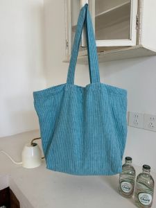 Blue Striped Linen Single Shoulder Bag  Bright Color Beach Tote Bag Large Capacity Casual Canvas Bag for Youth Leisure