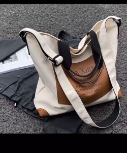 Contrast Color Tote Bag Women's Large Capacity Handbag Shoulder Bag College Student Canvas Bag