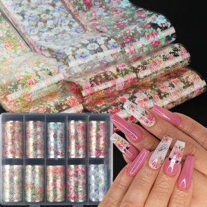 10 Rolls Colorful Rose Flower Nail Foil Transfer Sticker Elegant Rose Lace Design Floral for Spring Sky Paper Foils Nail Decor