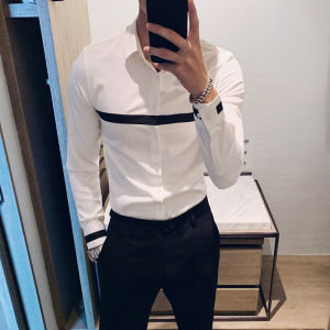 Business Casual Long Sleeve Striped Shirt Mens Slim Fit Daily Wear Polyester Fiber Non Iron Black White Patchwork Shirt