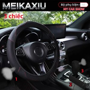 3 Chiếc 38CM PU Vải Lưới Bọc Vô Lăng Ô Tô Không Viền Phanh Tay Gearshift Trang Trí Ô Tô Giả Da Phụ Kiện