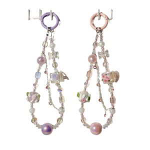 ห่วงโซ่โทรศัพท์ลูกปัดวาดด้วยมือที่ลูกปัดทำด้วยมืออย่างหรูหราน้ำหนักเบากระเป๋าโซ่กุญแจดอกไม้ดอกไม้หัวใจผู้หญิงห่วงโซ่ตกแต่งคริสตัล