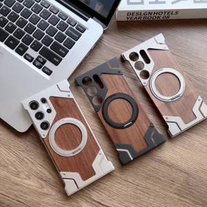 Aluminum alloy frame magnetic Holder phone case for Samsung Galaxy S24 S22 S23 ultra metal frameless wooden hard cover