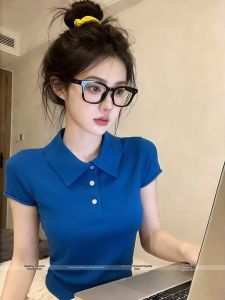 Polo Collar Short Sleeve Knit Top For Women Summer