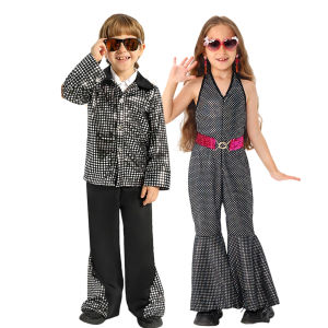 LOlanta 4-10Years แต่งตัวเด็กฮิปปี้ย้อนยุคเด็กผู้หญิงชุุดเรโทรแฟนซีสีดำกับเสื้อลายประสาทหลอนและกางเกงขาบาน70 80S