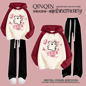 Autumn Winter Fleece Lined Childrens Outfit with Shoulder Insertion Printed Line Dog Casual Wear for Girls Age 8-14