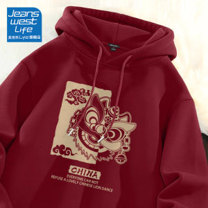 Jeanswest Life Red Hoodie Mens Heavyweight Casual Snake Year Male Model Traditional Chinese Zodiac Year Clothing Cotton Polyester Blend