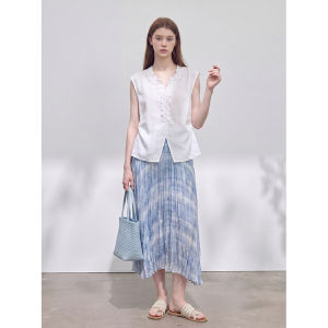GULILI | Stylish V-Neck Sleeveless Blouse with Gradient Pleated Skirt Set