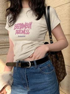 Slim Fit Cotton T-Shirt Women Summer Short Sleeve round Neck Print Geometric Pattern Korean Style Sweet And Spicy Girl Top