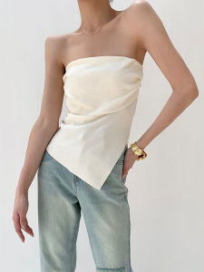 เสื้อครอปถักแขนกุดทรงเข้ารูปสำหรับผู้หญิงในช่วงฤดูร้อนปี 2025 เสื้อกั๊กเปิดไหล่แบบไม่สมมาตร ทรงสลิมฟิต ทรงเข้ารูป ทรงเข้ารูป