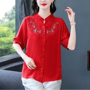 MAIMEI | Heavy Embroidery Cotton Linen Patchwork Loose Shirt Artistic Versatile Top For Middle-Aged Mothers Summer New Style Commute Style