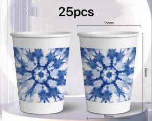Party Dinner Drinking Cup 250ml Paper Disposable - 25pcs  - Colour Graphic Tie-die Batik Style Print  [PDC001]