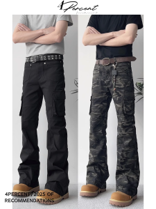 Cleanfit American Style Retro Elastic Cuffed Multi-Pocket High Waist Casual Workwear Pants Slim Fit Lengthening Loose Trousers