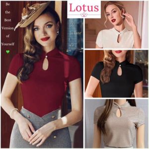 Lotus] Áo Thun Nữ Đẹp Cổ Mandarin Cài Nút Sang Trọng Kiểu Sườn Xám Ôm Body/ Áo Sơ Mi Màu Đỏ Mặc Đi Làm Đi Chơi Dự Tiệc Thanksgiving Giáng Sinh Noel Tết Đều Xinh