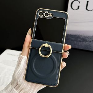 szhaiyu | For Samsung Galaxy Z Flip 8 7E 7 6 5 4 3 Leather Ring Holder Bracket Magnetic Case With Hinge Protection Stand Shockproof Cover