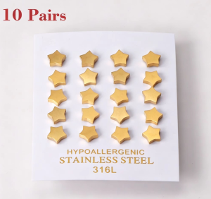10Pairs Simple Gold Star Stud  Earrings Bulk Set Hypoallergenic Stainless Steel Pentagram Earrings for Women Jewelry Wholesale