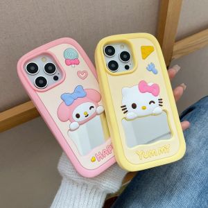 💯【Phone Case】+FREE Shipping 💯 Cute 3D Cartoon Hello Kitty My Melody Soft Silicone Case For iPhone 11 12 13 14 15 Plus 16 Pro Max With Makeup Mirror Cover