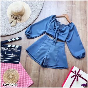 16236 Set 2 ชิ้น เสื้อแขนยาวจั้มผูกโบว์ + กางเกงขาสั้น