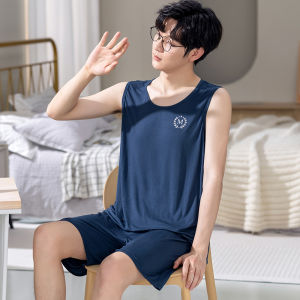 Mens Summer Sleepwear Set Pure Cotton Sleeveless round Neck Short Pants Comfortable Breathable Casual Home Clothes