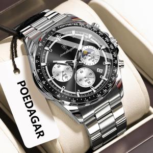 POEDAGAR Top Original Man Wristwatch Waterproof Stainless Steel Luminous Men Clock Chronograph Date Quartz Sports Mens Watches