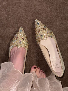 Champagne Colored Large Size Wedding Shoes with Fine Heel Two-Way Wear Diamond Embellished High Heels for Bridal Gowns